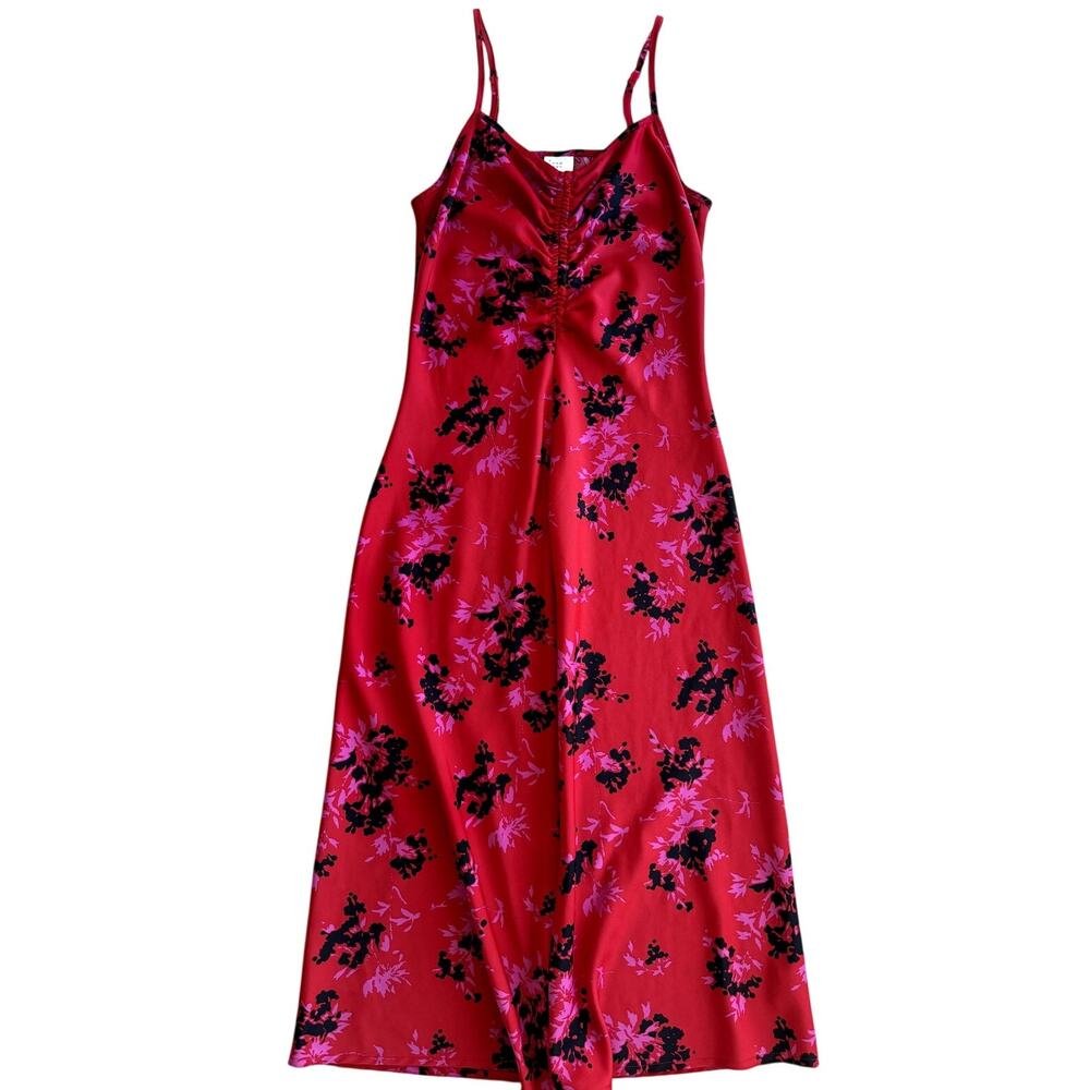 Y2K 90s inspired target a new day red floral ruched midi slip dress XS